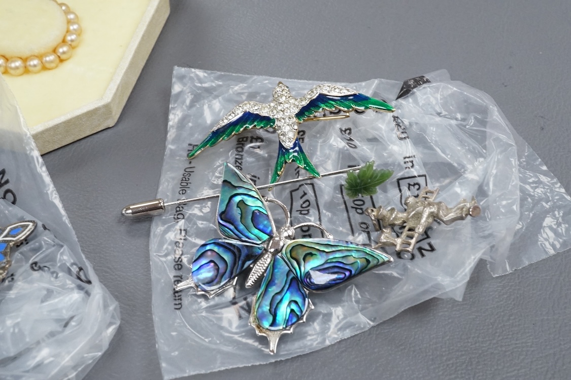 A quantity of assorted costume and other jewellery, including filigree white metal bracelet, paste cluster set clip brooch, Scottish silver twin hearts brooch, etc., together with four assorted lady's wrist watches.